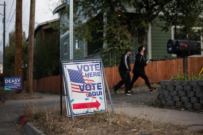 Two individuals walk to the Murdoch Center polling site Nov. 3, 2020